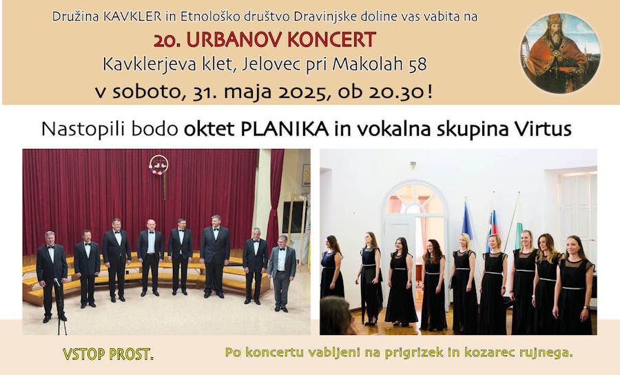 Družina KAVKLER in Etnološko društvo Dravinjske doline vas vabita na 20. URBANOV KONCERT